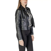 Black faux leather cropped jacket with silver toned buttons and flap pockets in polyurethane blazer style