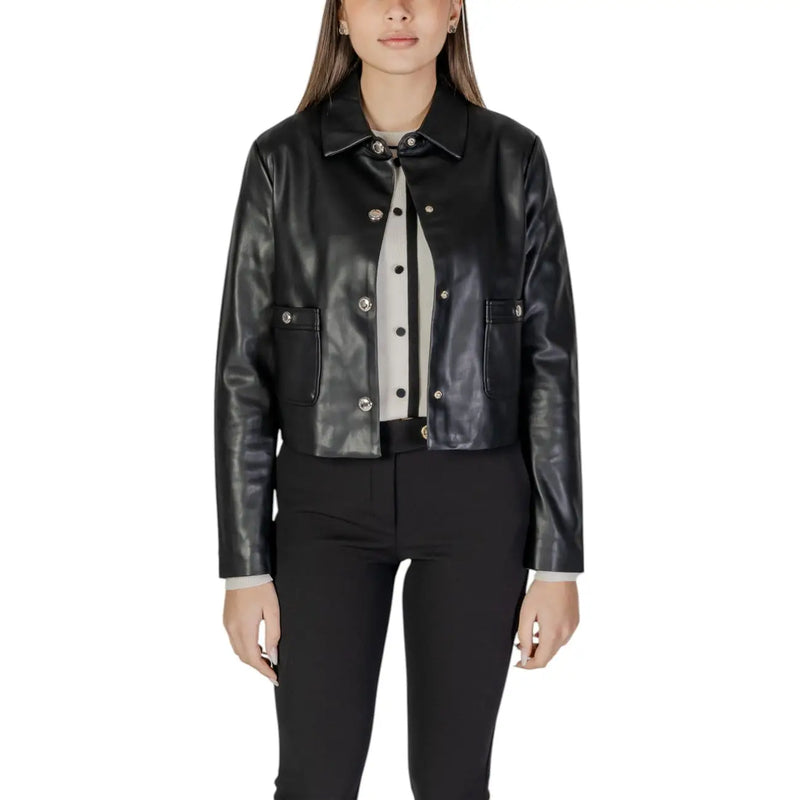 Black long polyurethane blazer featuring black faux leather with silver-toned buttons and two front pockets