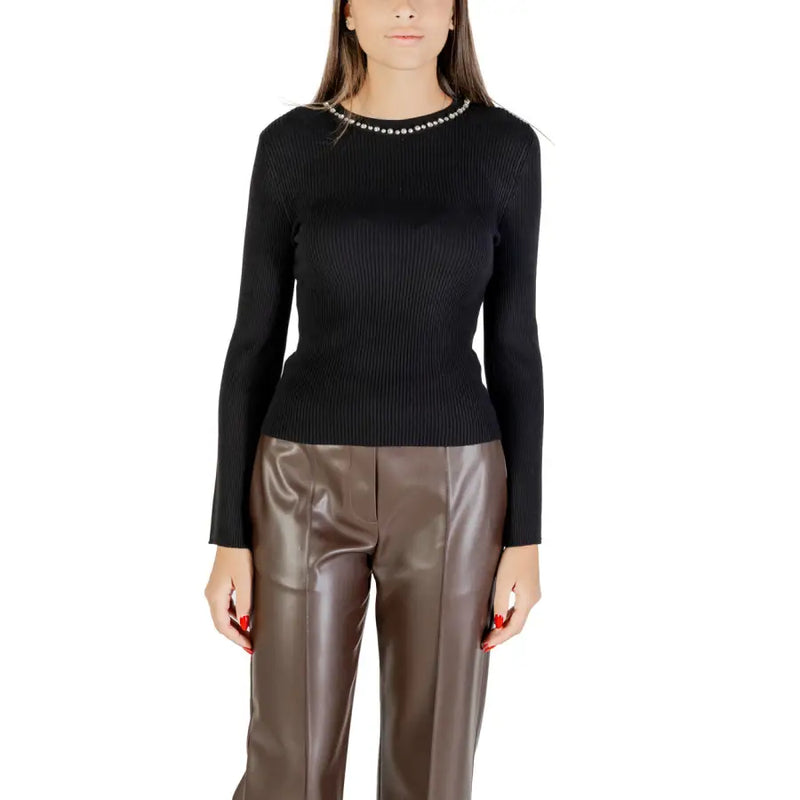 Black long round neck women knit sweater with ribbed texture and pearl embellished neckline in a black color