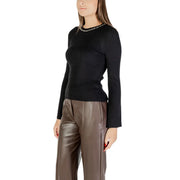 Black long round neck women knit sweater in ribbed fabric with rhinestones on the delicate beaded neckline