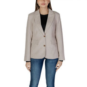 Black long sleeve blazer with notched lapel collar and front pockets