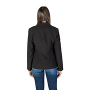 Black long sleeve blazer for women with lapel collar, front pockets, classic tailored fit, and subtle stitching details