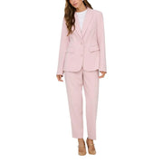 Soft pink tailored blazer with lapel collar, front pockets and matching trousers