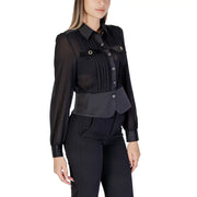 Black long-sleeved button-up shirt with pleated front and waist belt for women