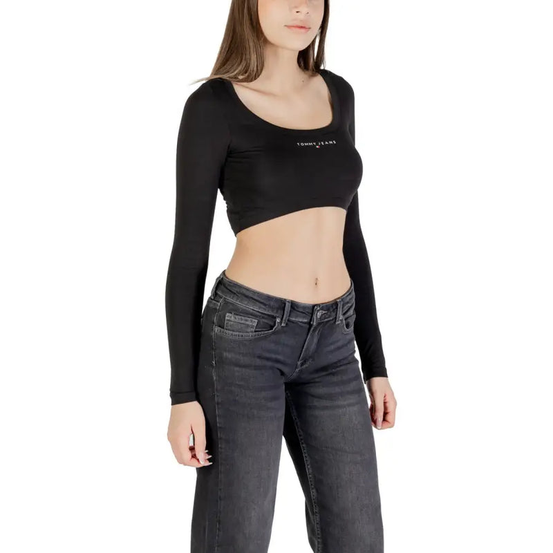 Black long-sleeved crop top with scoop neck from Tommy Hilfiger Jeans collection