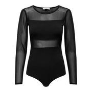 Black long-sleeved mesh bodysuit featuring a stylish and modern design for versatile wear