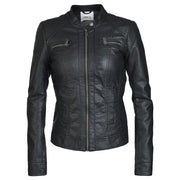 Women’s black faux leather blazer with front zipper and snap collar for a stylish look