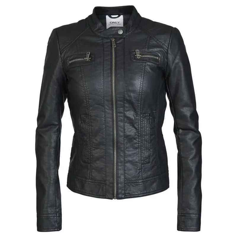 Women’s black faux leather blazer with front zipper and snap collar for a stylish look