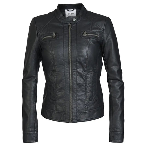 Women’s black faux leather blazer with front zipper and snap collar for a stylish look