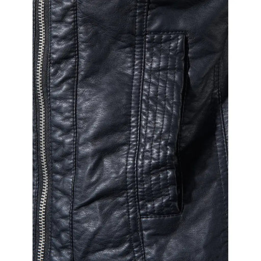 Dark blue faux leather blazer with silver zipper and quilted pocket detailing