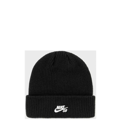 Black Nike SB beanie in ribbed knit with folded cuff featuring white Nike SB logo for casual wear