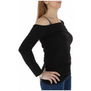 Black off-the-shoulder long-sleeve top with embellished strap, stylish feminine apparel