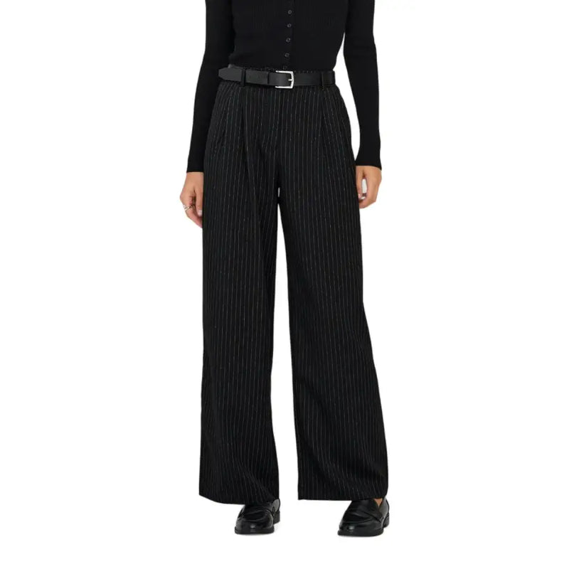 Black pinstripe wide-leg polyester trousers for women with high waist and pleats