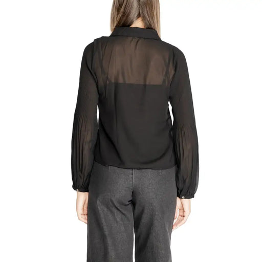 Black sheer blouse with solid bodice, long pleated sleeves for women