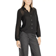 Black sheer polyester blouse with long sleeves and silver buttons for women