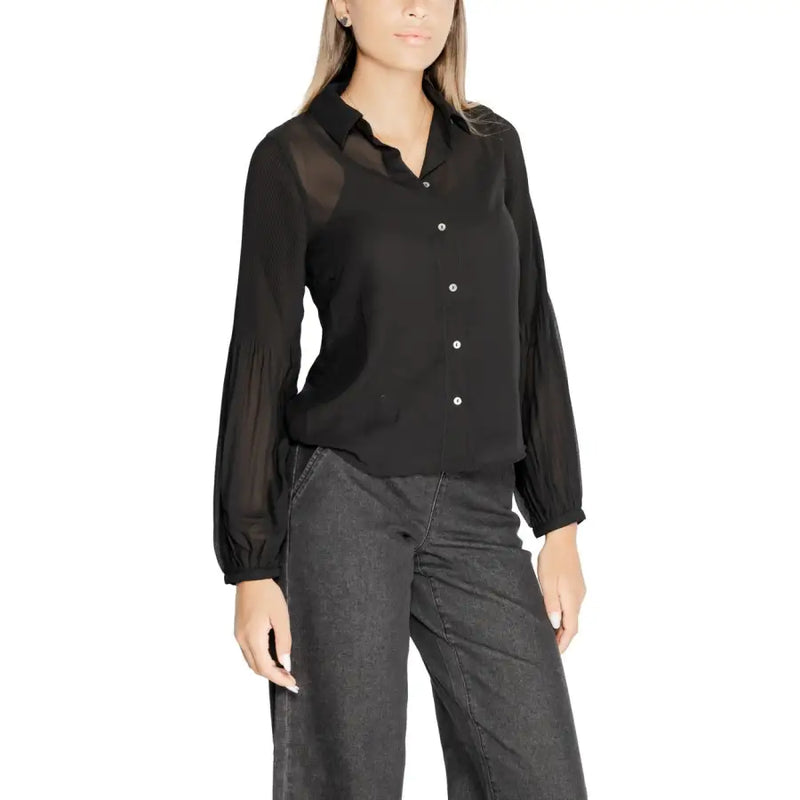 Black sheer polyester blouse with long sleeves and silver buttons for women