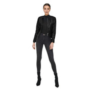 Schwarzer, langer Polyurethan-Blazer für Damen im Bomberjacken-Stil aus schwarzem Kunstleder mit Reißverschluss vorne und Ziernähten