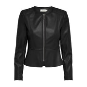 Schwarzer, langer Blazer aus Polyurethan mit silbernem Reißverschluss und Schößchensaum aus Kunstleder für Damen