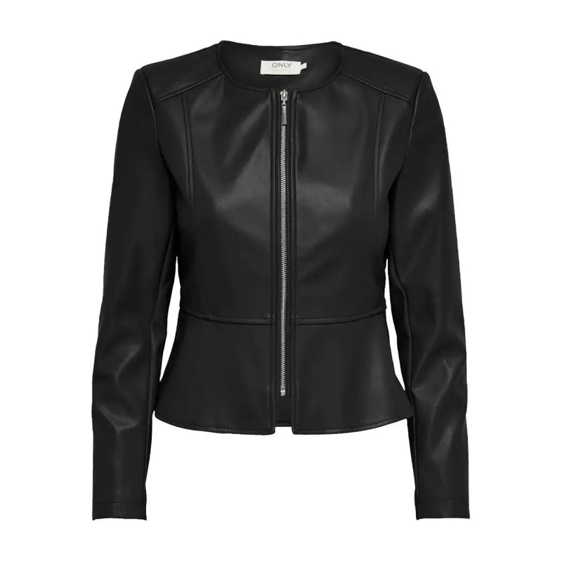 Schwarzer, langer Blazer aus Polyurethan mit silbernem Reißverschluss und Schößchensaum aus Kunstleder für Damen