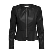 Black polyurethane long blazer with silver zipper and peplum hem in faux leather for women
