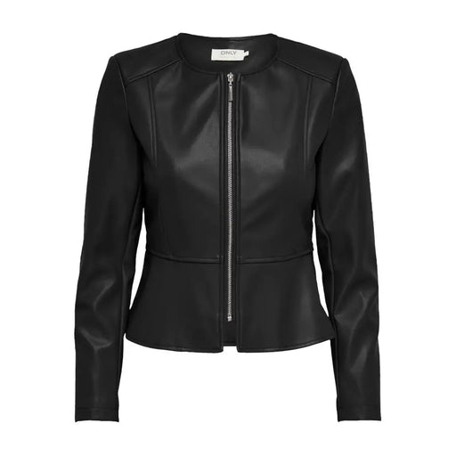 Schwarzer Peplum-Blazer aus Kunstleder mit silbernem Reißverschluss für Damen