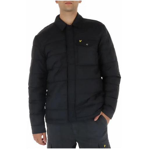 Black quilted shirt jacket featuring a yellow bird logo on the chest for stylish warmth and comfort