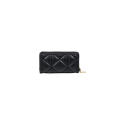 Black quilted wallet with gold zipper and logo for stylish storage