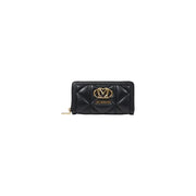 Black quilted wallet with gold logo and zipper, stylish accessory for everyday use