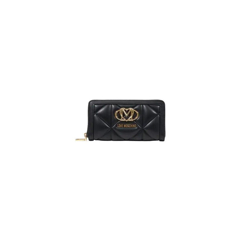 Black quilted wallet with gold logo and zipper, stylish accessory for everyday use