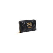 Black quilted wallet with gold logo and zipper for a stylish accessory appearance