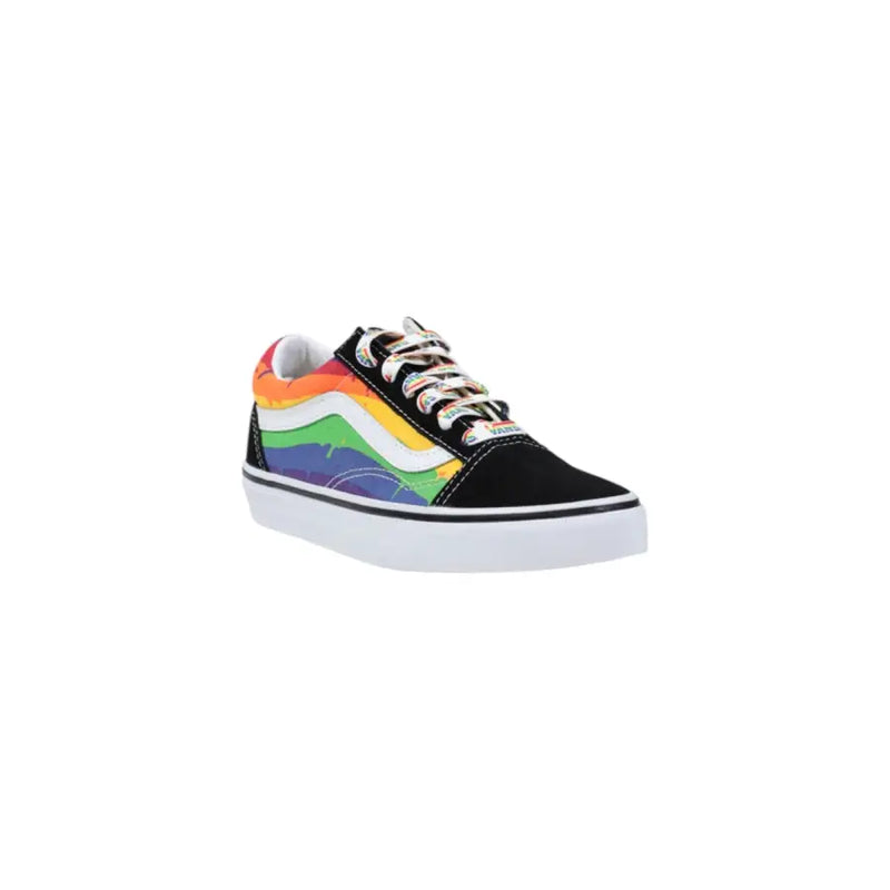 Black and rainbow-striped canvas Vans Women Slip On Sporty Sneakers on a white background