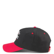 Black and red chevrolet racing cap with bright pink brim and white embroidered graphics on the side
