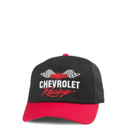 Black and red Chevrolet racing cap displayed, stylish and suitable for motorsport fans