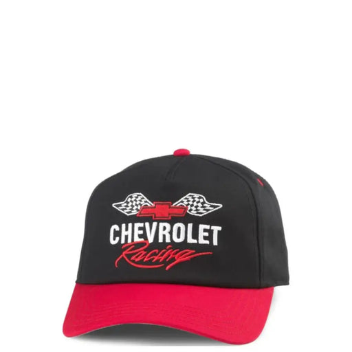 Black and red Chevrolet racing cap displayed, stylish and suitable for motorsport fans