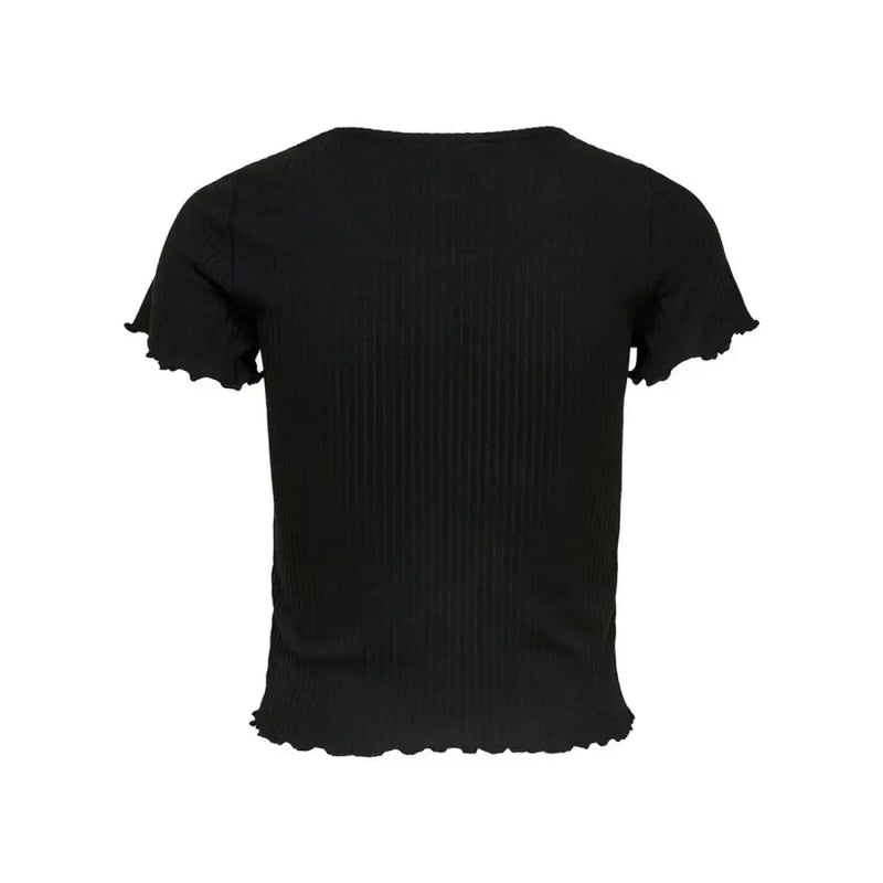 Black ribbed short-sleeved crop top with frayed edges