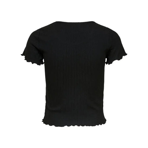 Black ribbed short-sleeved crop top with frayed edges