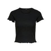 Black ribbed round neck short-sleeve women’s crop top with frayed edges