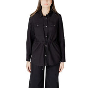 Black drawstring shirt displayed on a Womens Beige Button Down Drawstring Shirt product