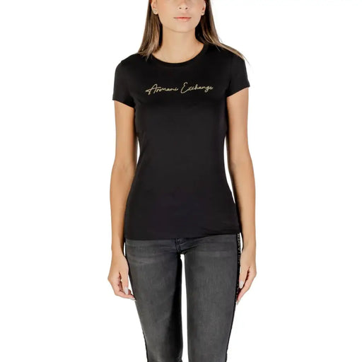 Black short-sleeve crewneck cotton T-shirt with rhinestones from Armani Exchange Women collection