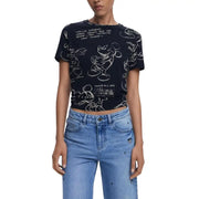 Black cotton crop top with Mickey Mouse sketch patterns and text, ideal for women