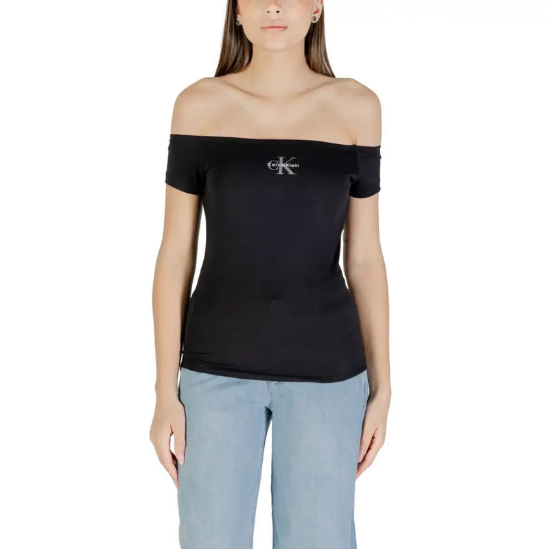 Black off-the-shoulder short-sleeve top with silver Calvin Klein logo for women