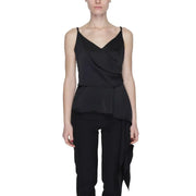 Black satin camisole with draped front and peplum hem featuring a sweetheart neckline from black silence collection