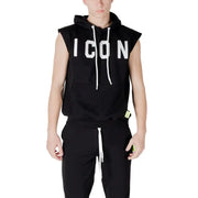 Black sleeveless hoodie and sweatpants set featuring white drawstrings, stylish and comfortable