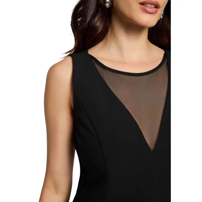 Black sleeveless round neck dress by Morgan De Toi with sheer mesh panel at the neckline