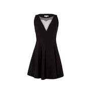 Black sleeveless a-line dress by Morgan De Toi with a sheer gray v-neck panel made from lightweight fabric