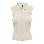 Cremefarbene, gerippte, ärmellose Strickjacke mit Reißverschluss für Damen