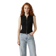Black sleeveless zip cardigan for women featuring a ribbed knit fabric with a collar and front zipper closure