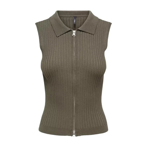 Olivgrüne, gerippte, ärmellose Strickjacke mit Reißverschluss für Damen mit Kragen