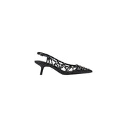 Black satin slingback pump with geometric lattice design and sparkling rhinestone embellishments