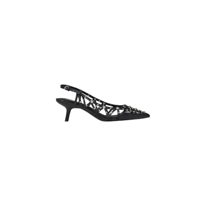 Black satin slingback pump with geometric lattice design and sparkling rhinestone embellishments